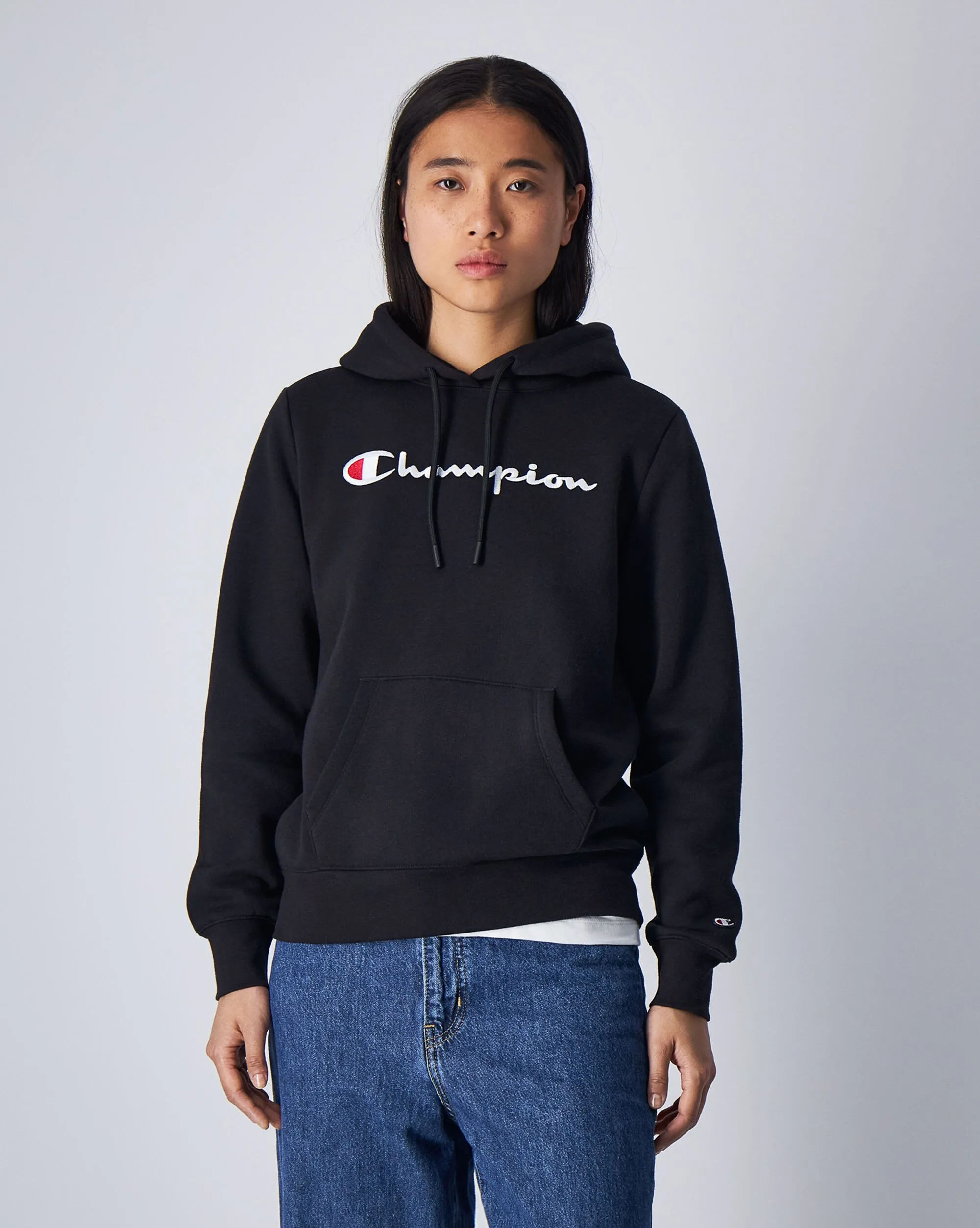 Champion Felpa Con Cappuccio in Fleece Misto Cotone Big Logo Nero Donna