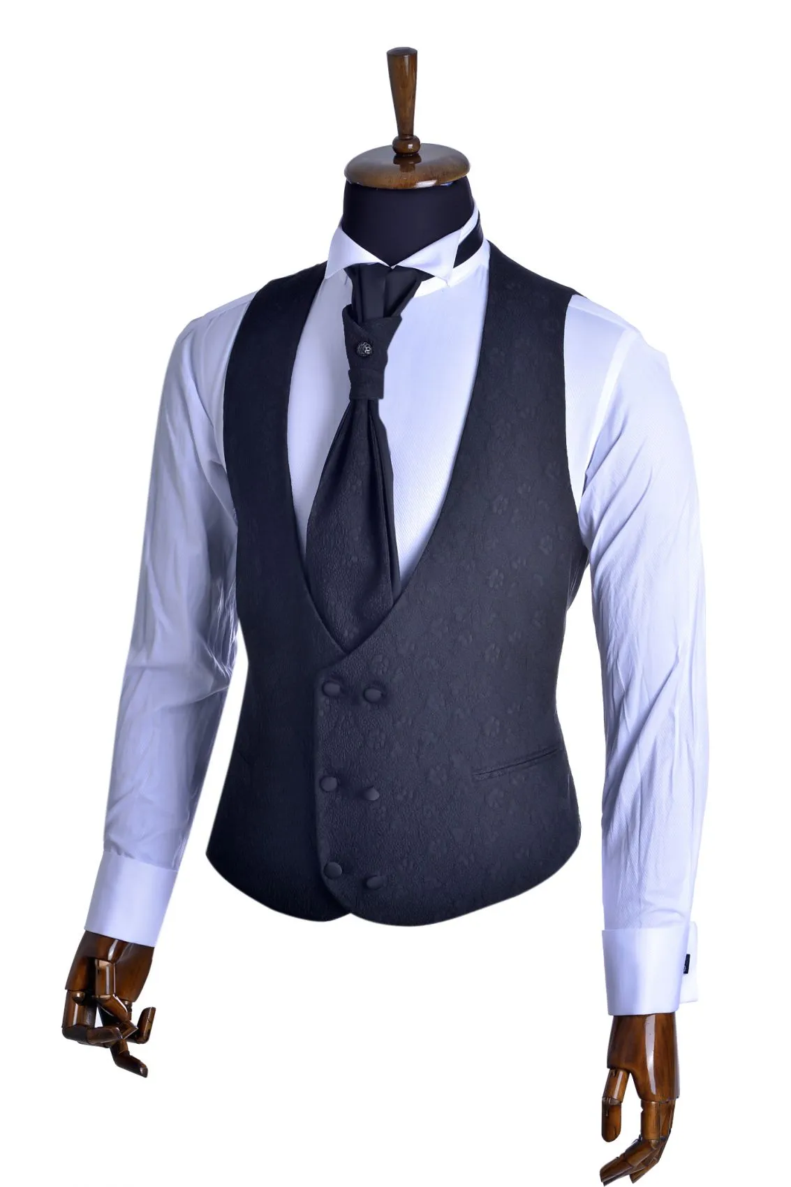 Damask black Korean slim fit dress with waistcoat and tie