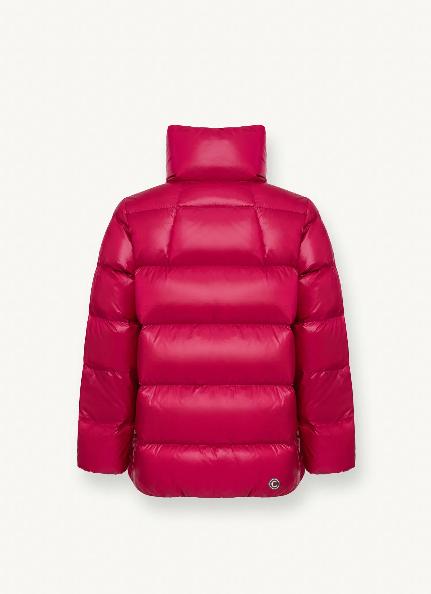 Down jacket with high collar in recycled fabric