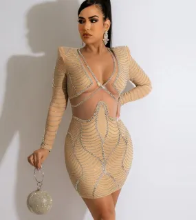 Gacvga 2023 Hot Rhinestones Mesh  Bodycon Dress Women Nightclub Long Sleeve Elegant Perspective Party Evening Dress