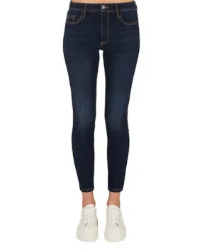 Jeans vestibilità skinny a vita alta in cotone stretch blu lavaggio scuro mirato con patch logo sul retro