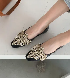 New Crown Pearl Flats Women Wedding Shoes Pointed Toe Female Dress Moccasins Low Pearl Heel Ladies Fashion Luxury Style