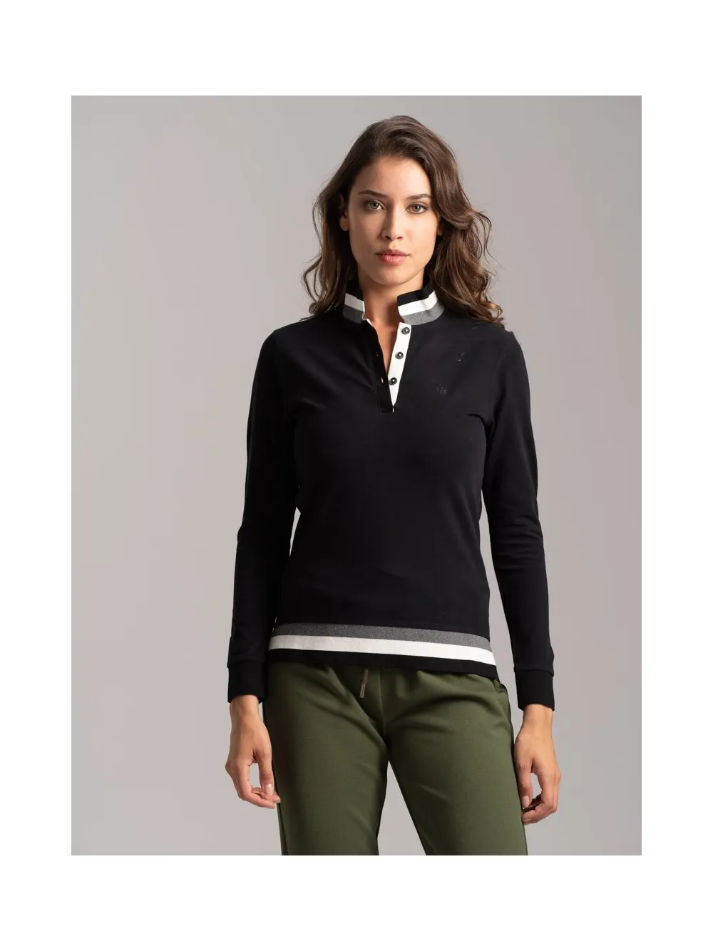 Polo donna jersey stretch con collo e fondo Rib