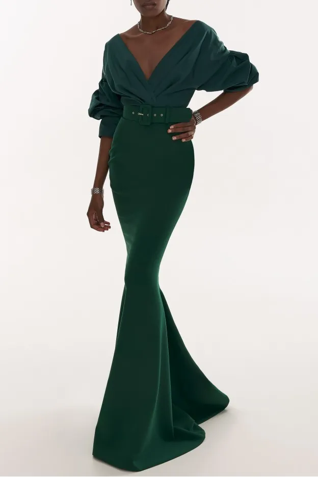 Rhea Costa Gianna Taffeta And Crepe Dark Green Long Dress