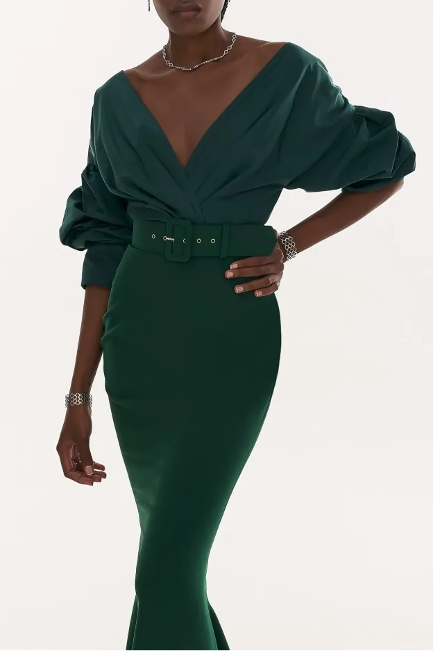 Rhea Costa Gianna Taffeta And Crepe Dark Green Long Dress