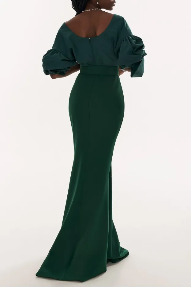 Rhea Costa Gianna Taffeta And Crepe Dark Green Long Dress