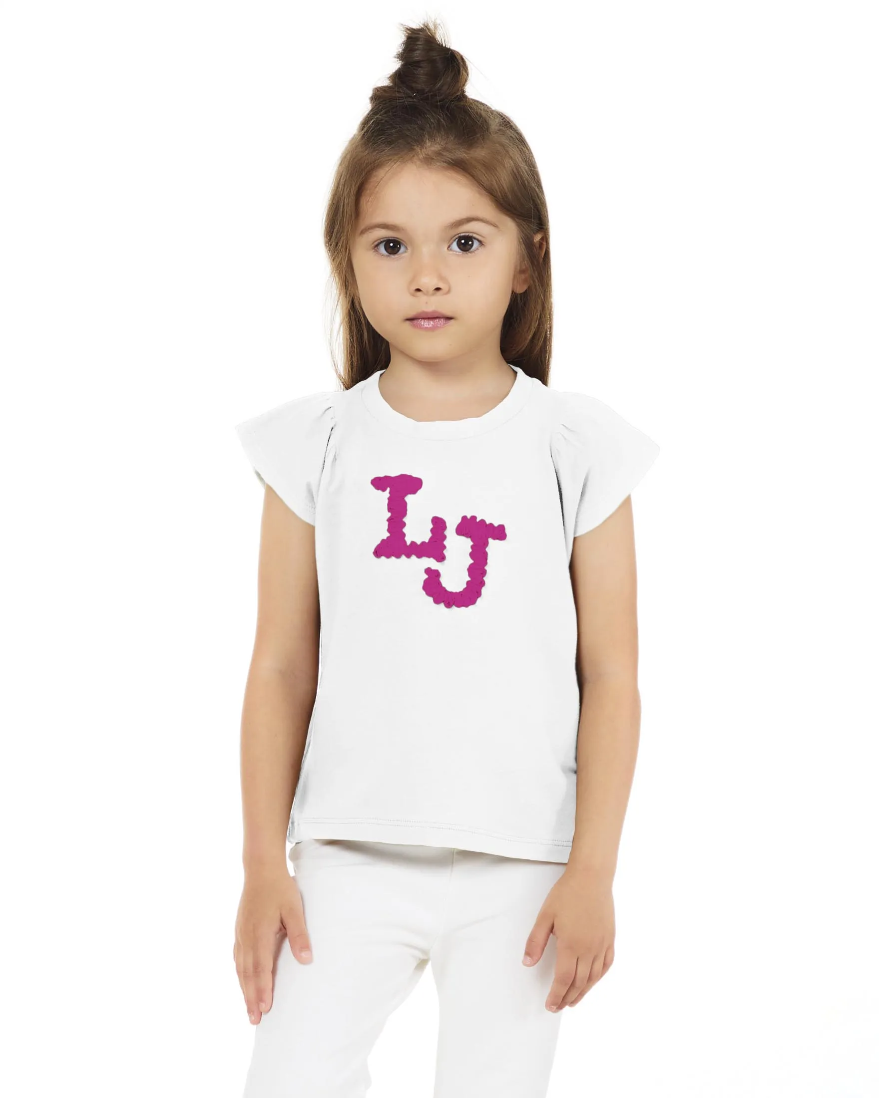 T-shirt avorio in cotone stretch con logo a petali fucsia 3-7 anni