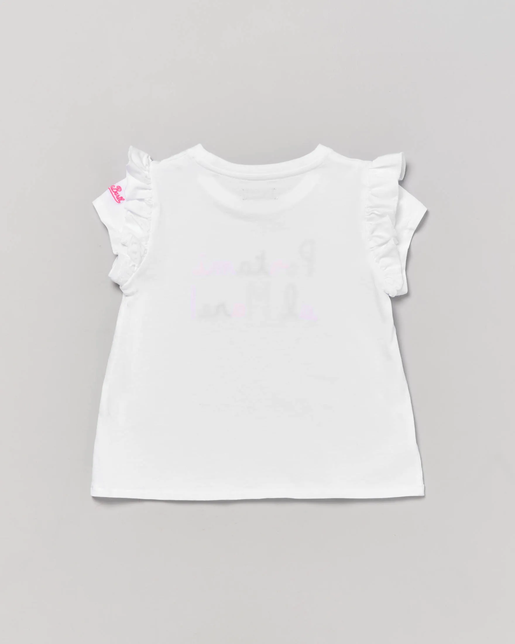 T-shirt bianca Baby a mezza manica con rouches e scritta ricamata davanti 2-8 anni