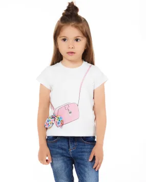 T-shirt bianca mezza manica in cotone stretch con stampa borsetta rosa e fiocco floreale applicato 3-7 anni