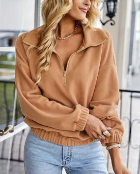 Womens Solid Quarter Zip Plush Pullover Sweatshirt Long Sleeve Plush Top Puff Jacket Coat Zip Up Casual Crop Jacket Wome